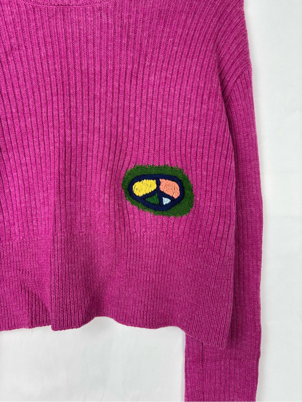 Staud Keith Sweater Peace Crop Pink Size S Wool Blend Knit Crew Embroidered - Picture 2 of 7